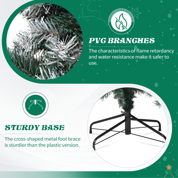 7.5ft  绿色喷白 带丝带银色配饰 栅栏树裙 圣诞树 DIY 350LED暖白8模式 带遥控 1223枝头 自动树 PVC 圣诞树 30V 6W 美规-7