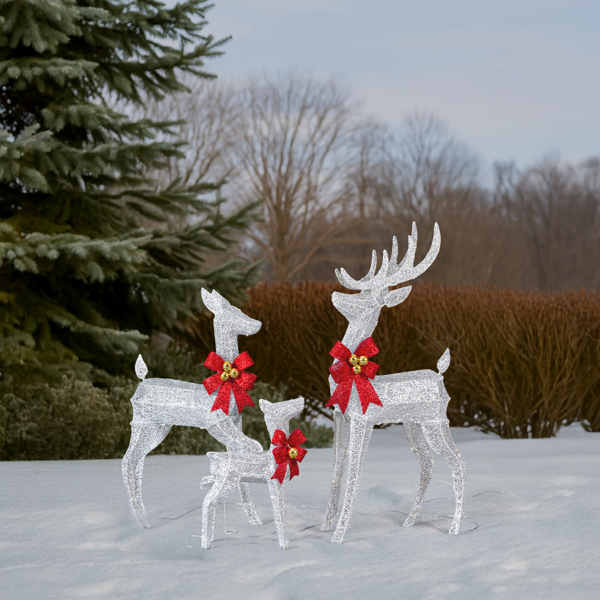 3pcs 4FT  银色 家庭麋鹿 210LED暖白灯 闪粉网纹布 圣诞灯饰麋鹿 31V 3.6W 英规-12