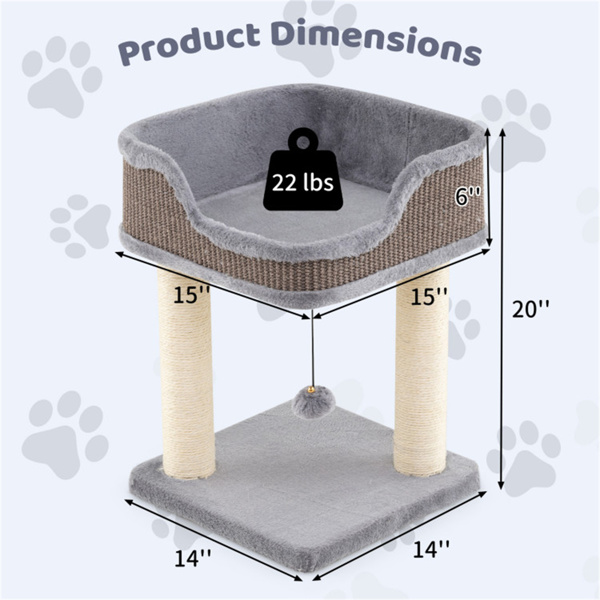 2-Level Cat Furniture - Engaging Bell + Pompom Toys, Sisal + Plush + Engineered Wood Build, Ideal for Tight Spaces-4