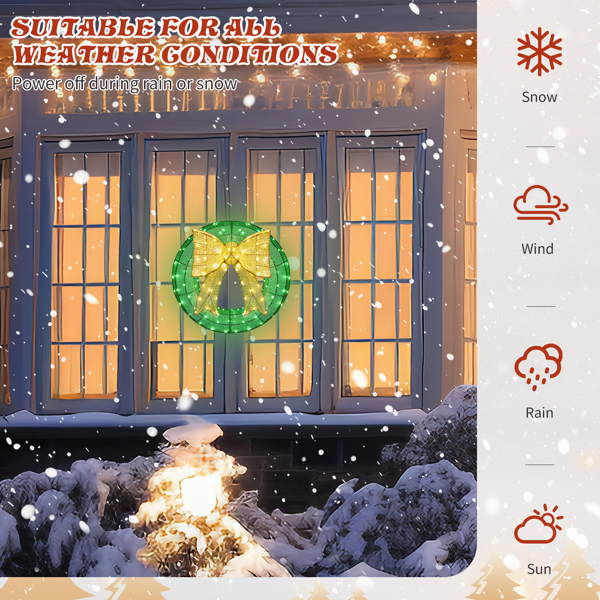 24IN 绿加金色 花环带蝴蝶结 200L皮线灯 绿灯加暖白灯 蒙布 圣诞灯饰花环 4.5V 3.6W-5