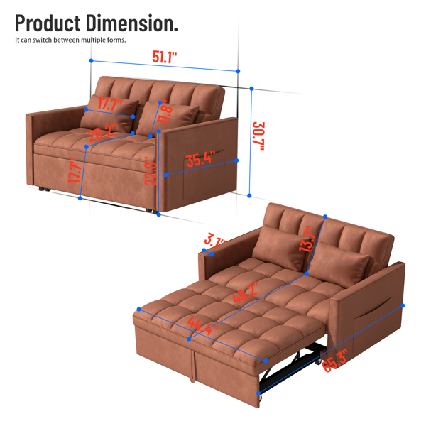 灯芯绒双人沙发床，带拉出式床铺、2个靠枕及侧边储物袋-4