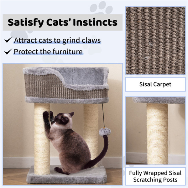 2-Level Cat Furniture - Engaging Bell + Pompom Toys, Sisal + Plush + Engineered Wood Build, Ideal for Tight Spaces-9