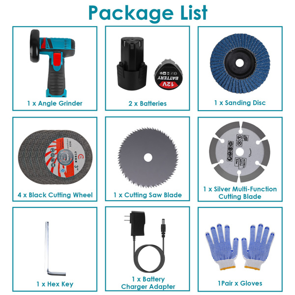 （物流随机发，自提可发加拿大）-无线迷你角磨机——配备2块12V 1100mAh电池，19000转/分钟电机，散热通风口设计——含金属/木材/瓷砖切割片/锯片/砂轮-6