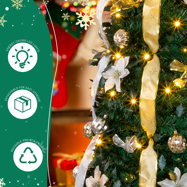 7ft  绿色  伸缩圣诞树  带金银色配饰 200LED暖白8模式 带遥控 PVC 圣诞树 30V 3.6W 美规-11