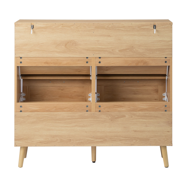 谷仓门4翻斗 金属黑色一字把手+三胺刨花板 浮雕面+原木色实木塑封锥形腿 鞋柜 106*24*98cm 原木色-5