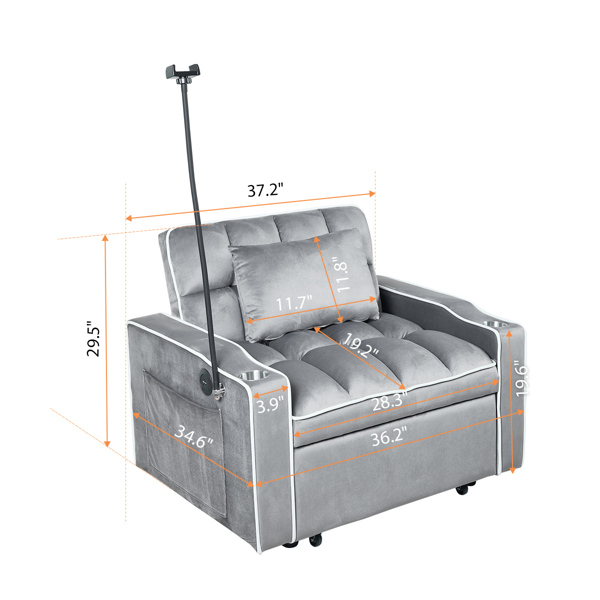 灯芯绒拉出式沙发床带靠枕，拉丝不锈钢杯架、手机支架及USB充电端口-7