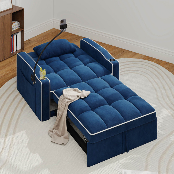 灯芯绒拉出式沙发床带靠枕，拉丝不锈钢杯架、手机支架及USB充电端口-3