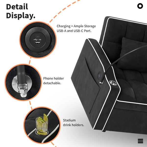 灯芯绒拉出式沙发床带靠枕，拉丝不锈钢杯架、手机支架及USB充电端口-6