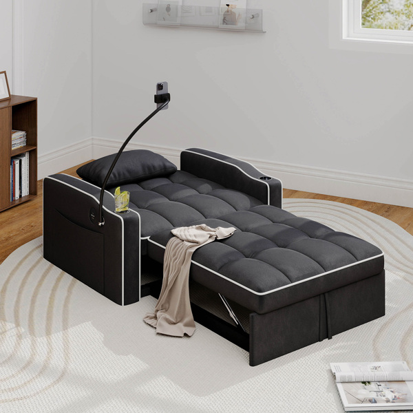 灯芯绒拉出式沙发床带靠枕，拉丝不锈钢杯架、手机支架及USB充电端口-9