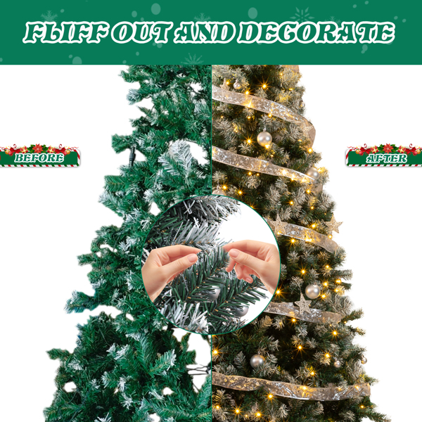 7.5ft  绿色喷白 带丝带银色配饰 栅栏树裙 圣诞树 DIY 350LED暖白8模式 带遥控 1223枝头 自动树 PVC 圣诞树 30V 6W 美规-8