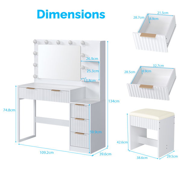 白色 刨花板 贴麻面三胺 5抽2层架 梳妆桌套装 带11粒三色调光灯泡 排插 格栅系列-4