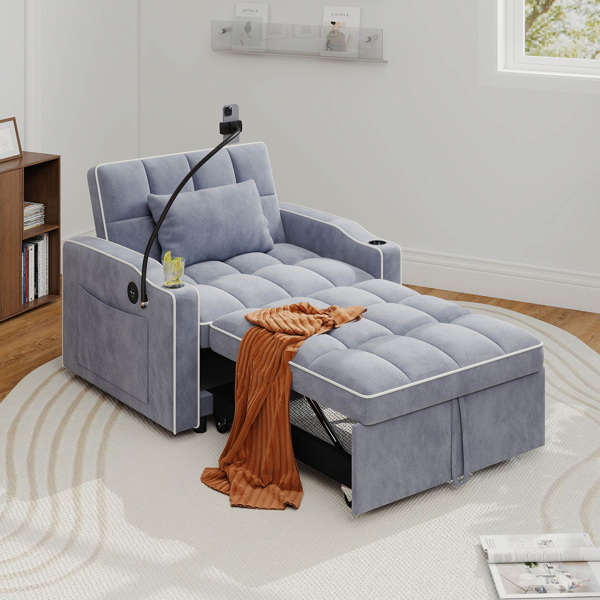 灯芯绒拉出式沙发床带靠枕，拉丝不锈钢杯架、手机支架及USB充电端口-11