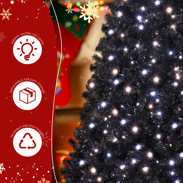 7.5ft  黑色  圣诞树  400LED冷白加暖白灯11模式 带遥控 1350枝头 自动树 PVC 圣诞树 30V 6W 美规-10