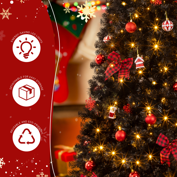 7.5ft  黑色  带红色系配饰 树裙 圣诞树 DIY 350LED暖白8模式 带遥控 1200枝头 自动树 PVC 圣诞树 30V 6W 美规-9