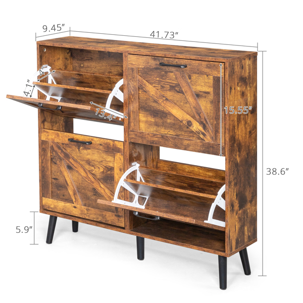 谷仓门4翻斗 金属黑色一字把手+三胺刨花板+黑色实木塑封锥形腿 鞋柜 106*24*98cm 腐木色-6