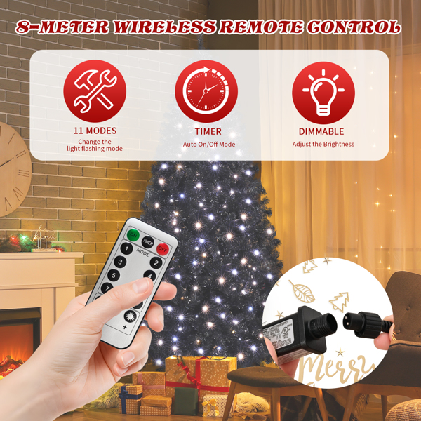 7.5ft  黑色  圣诞树  400LED冷白加暖白灯11模式 带遥控 1350枝头 自动树 PVC 圣诞树 30V 6W 美规-13