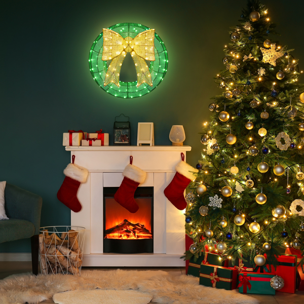 24IN 绿加金色 花环带蝴蝶结 200L皮线灯 绿灯加暖白灯 蒙布 圣诞灯饰花环 4.5V 3.6W-9