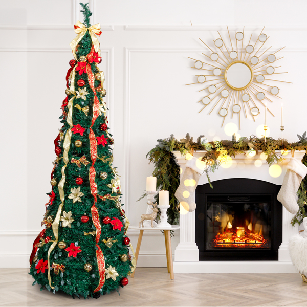 7ft  绿色  伸缩圣诞树  带红金色配饰 200LED暖白8模式 带遥控 PVC 圣诞树 30V 3.6W 美规-6