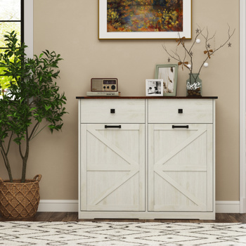 农舍双倾斜式垃圾柜，适用于 20 加仑垃圾桶，独立式回收柜，带隐藏式抽屉，谷仓门式洗衣分类柜，厨房倾斜式垃圾柜（升级款，底部和台面做了升级，图片需要更换）