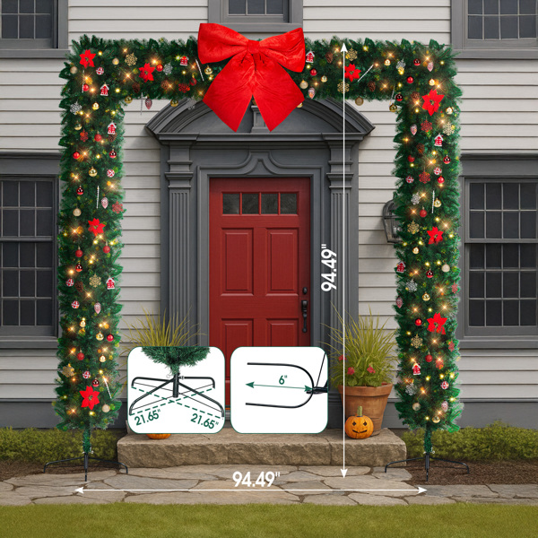 240*40*240cm   绿色PVC 平顶拱门  绑树做法 1650枝头 DIY 带350LED暖白灯串 带配饰 圣诞PVC拱门 30V 6W 美规-11