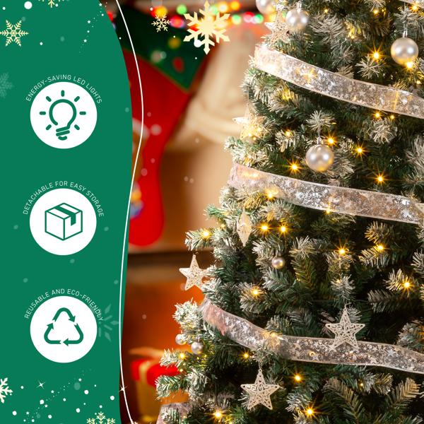 7.5ft  绿色喷白 带丝带银色配饰 栅栏树裙 圣诞树 DIY 350LED暖白8模式 带遥控 1223枝头 自动树 PVC 圣诞树 30V 6W 美规-10