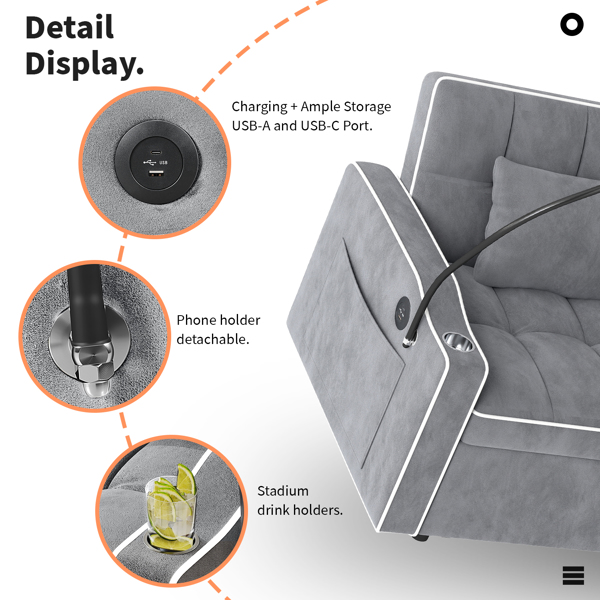 灯芯绒拉出式沙发床带靠枕，拉丝不锈钢杯架、手机支架及USB充电端口-6