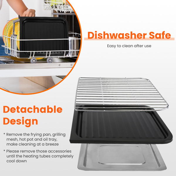 （物流随机发，自提可发加拿大）-三合一电热锅（含烤架及煎锅）- 1600W快速均匀加热，独立双温控（284℉-500℉），不粘无烟设计，可拆卸部件支持洗碗机清洗，适合3-5人使用-10