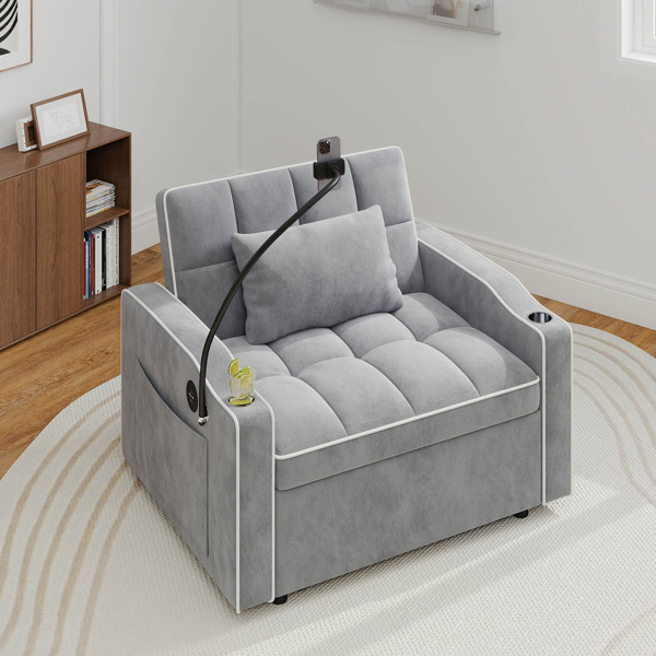 灯芯绒拉出式沙发床带靠枕，拉丝不锈钢杯架、手机支架及USB充电端口-10