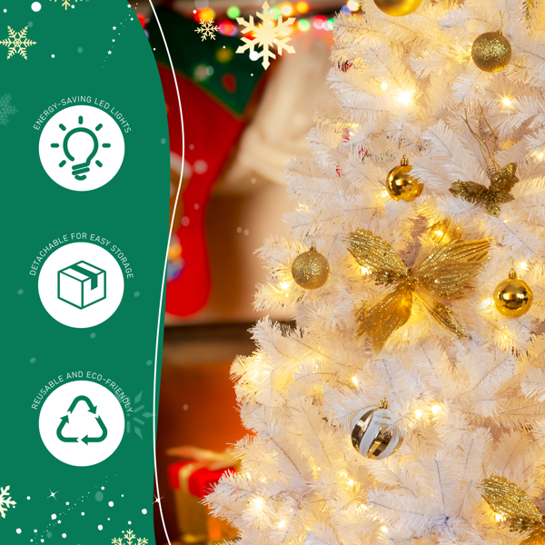 7.5ft  白色  带蝴蝶结金色花配饰 树裙 圣诞树 DIY 400LED暖白8模式 带遥控 1600枝头 自动树 落地款 PVC 圣诞树 30V 6W 美规-9