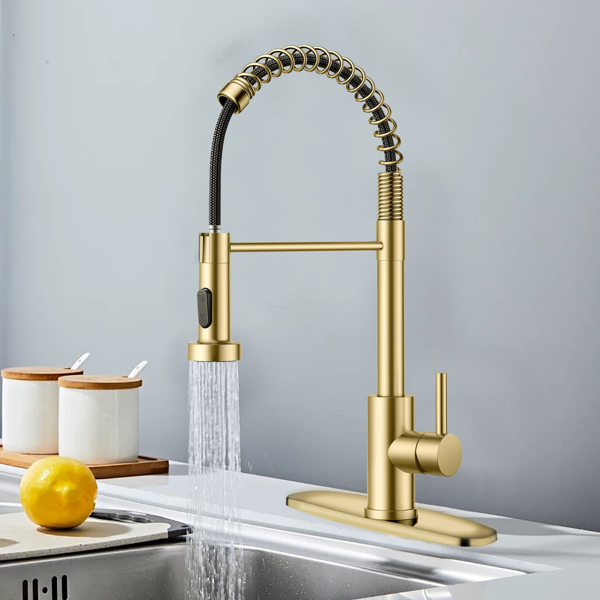 带下拉式喷雾器的厨房水龙头，适用于农舍露营者洗衣设施的1孔或3孔水龙头，Rv湿吧水槽，不锈钢，拉丝金【周末不发货，TK/TEMU订单仅支持自提】-3