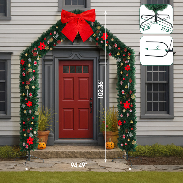 240*40*260cm   绿色PVC 尖顶拱门 1650枝头 DIY 带350LED暖白灯串 带配饰 圣诞PVC拱门 30V 6W 美规-11