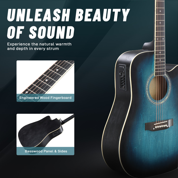 【禁售Amazon】KMA101 41in 缺角 椴木 带音箱 民谣吉他 擦色蓝色-5