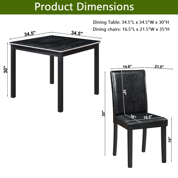 5 Piece Wooden Dining Table Set, Kitchen Table Set with a Square Table and 4 Upholstered Chairs, Wooden Dining Room Table with Crystal Decoration and Chairs Set for Kitchen, Dining Room, Black-1