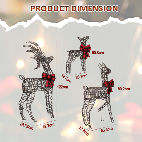 3pcs 4FT  棕色绕藤 家庭麋鹿 210LED暖白灯 塑料 圣诞灯饰麋鹿 31V 3.6W 英规-12