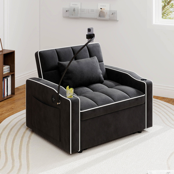 灯芯绒拉出式沙发床带靠枕，拉丝不锈钢杯架、手机支架及USB充电端口-11