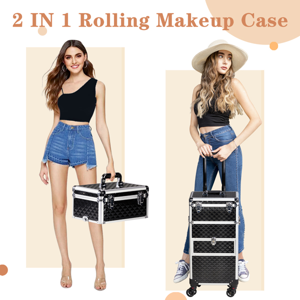 2合一带LED三色变化灯 USB双插口双线 滑轨前抽 平面左抽可拆卸万向轮 铝制 钻石纹 黑色 化妆箱 34*24*72.5cm-11