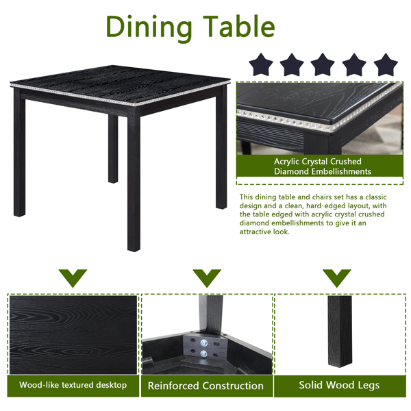 5 Piece Wooden Dining Table Set, Kitchen Table Set with a Square Table and 4 Upholstered Chairs, Wooden Dining Room Table with Crystal Decoration and Chairs Set for Kitchen, Dining Room, Black-2