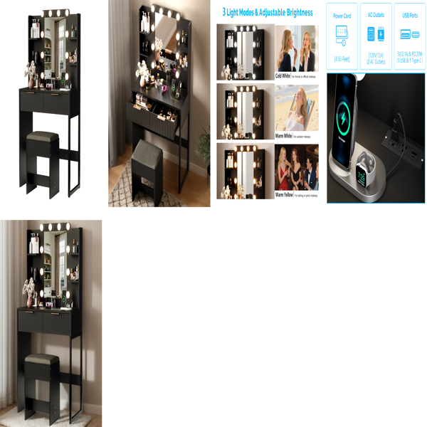 黑色 刨花板 贴麻面三胺 2抽4层架 梳妆桌套装 带10粒三色调光灯泡 排插 格栅系列-8