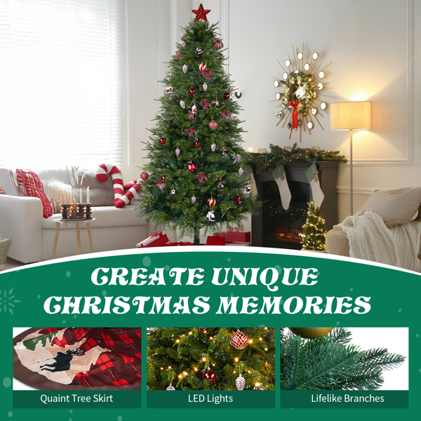 7.5ft  绿色  带红色系配饰 树裙 圣诞树 DIY 400LED暖白八模式 带遥控 950枝头 自动树 PE+PVC 圣诞树 30V 6W 美规-12