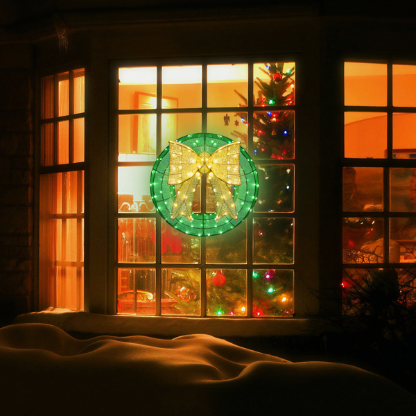 24IN 绿加金色 花环带蝴蝶结 200L皮线灯 绿灯加暖白灯 蒙布 圣诞灯饰花环 4.5V 3.6W-7