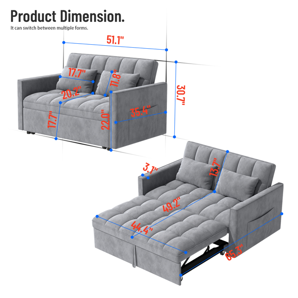 灯芯绒双人沙发床，带拉出式床铺、2个靠枕及侧边储物袋-4