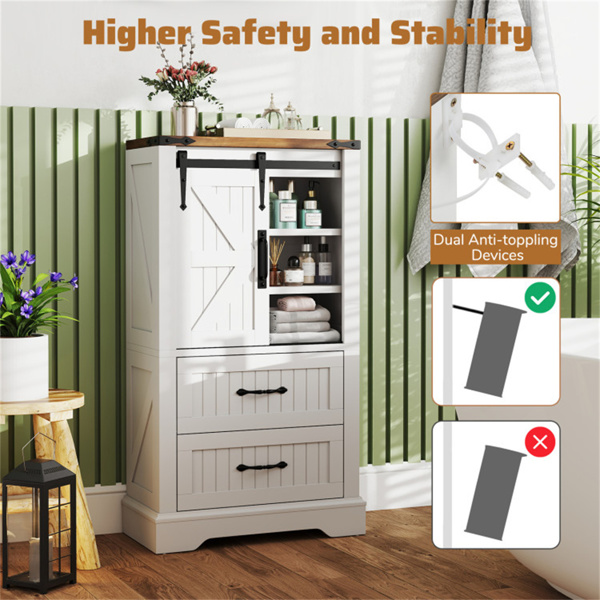 白色农舍装饰柜（23.5“x11.5”x41.5“）-谷仓门2抽屉可调节架子多室使用-9