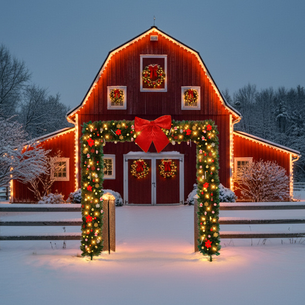 240*40*240cm   绿色PVC 平顶拱门  绑树做法 1650枝头 DIY 带350LED暖白灯串 带配饰 圣诞PVC拱门 30V 6W 美规-5