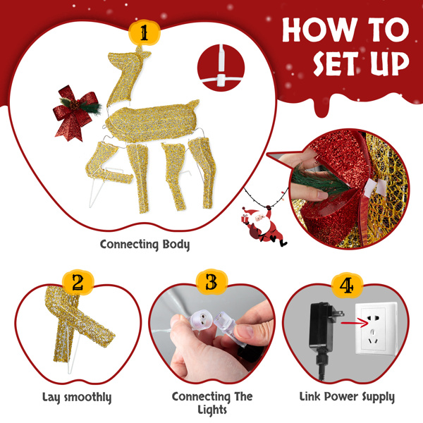 3pcs  4ft  金色麋鹿一家 2D 暖白灯 网布撒粉 圣诞灯饰麋鹿 4.5V 3.6W 英国-2