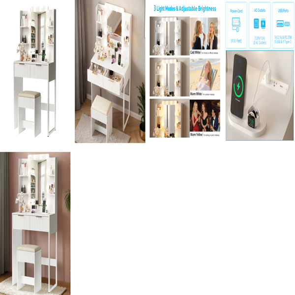 白色 刨花板 贴麻面三胺 2抽4层架 梳妆桌套装 带10粒三色调光灯泡 排插 格栅系列-8