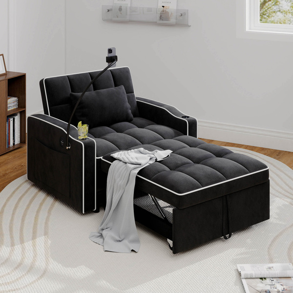 灯芯绒拉出式沙发床带靠枕，拉丝不锈钢杯架、手机支架及USB充电端口-10