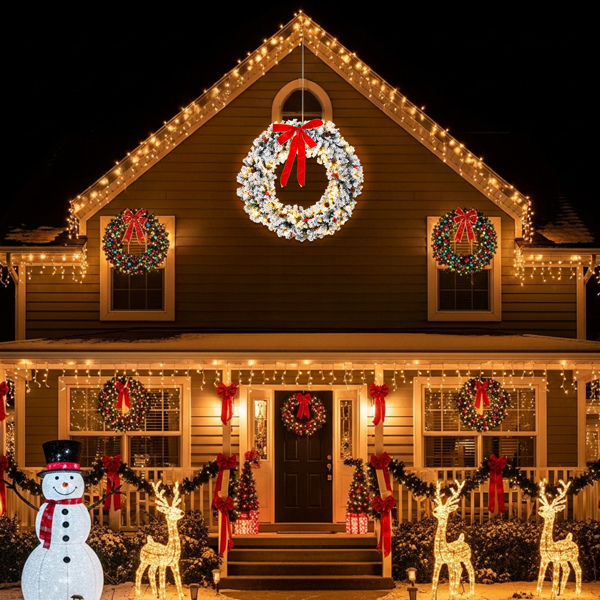 48in 绿色植绒 花环 带蝴蝶结 松果红果 450枝头 150LED暖白8模式 带遥控   PVC 圣诞PVC花环 30V 3.6W 美规-3