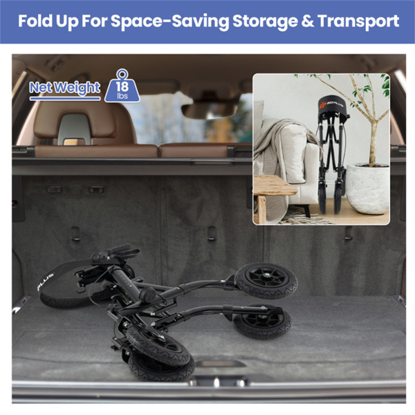 户外滚动式助行器：9.5英寸全地形车轮，6级可调（32英寸-37英寸），可折叠，带衬垫的座椅，储物袋+雨伞架-黑色-5