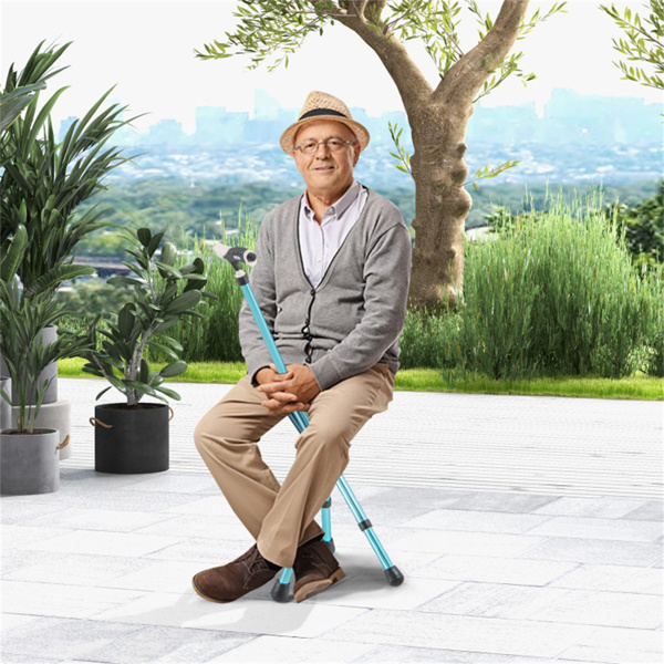折叠式座椅手杖（220磅）：5级高度调节，LED灯，防滑垫，铝合金，额外垫子/3个老年人脚垫-蓝色-8