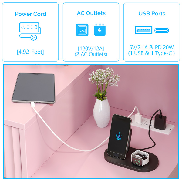 苹果粉 刨花板 贴麻面三胺 5抽2层架 梳妆桌套装 带11粒三色调光灯泡 排插 格栅系列-3